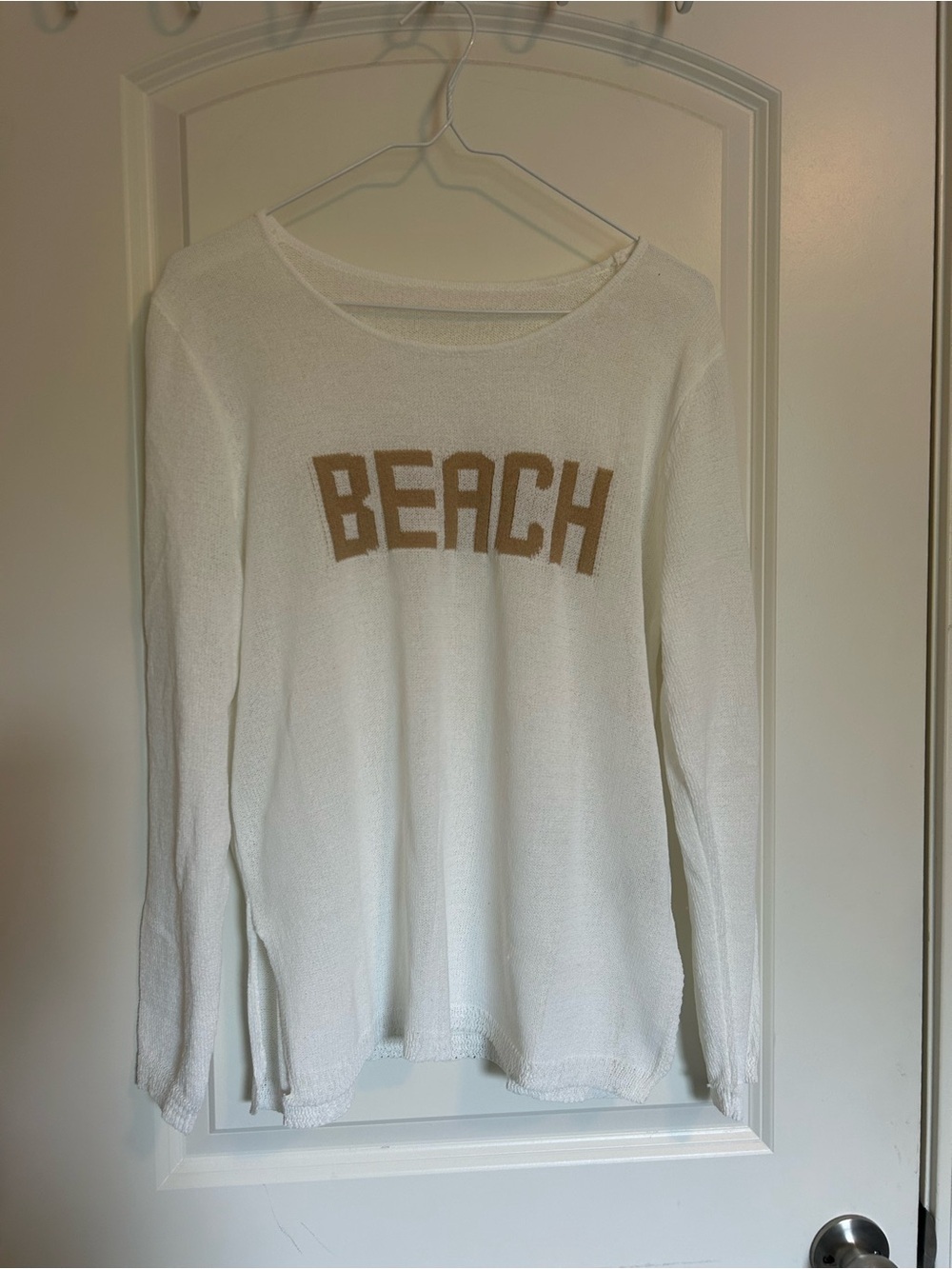 SHEIN White Crewneck Sweater with Tan "BEACH"
